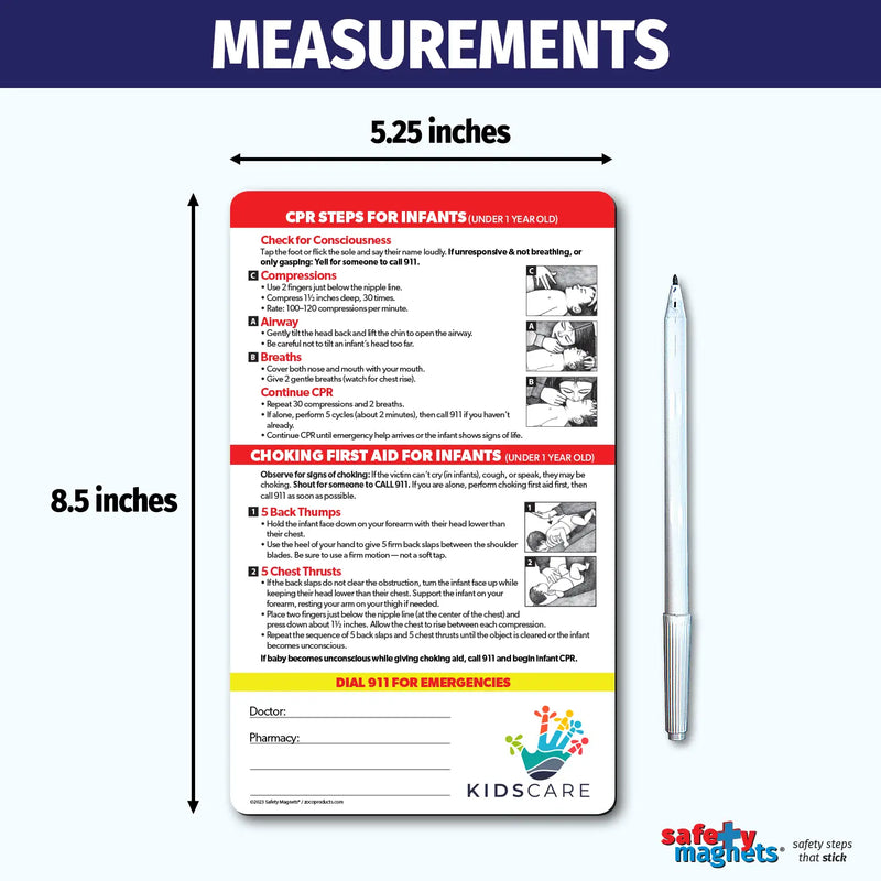 Infant CPR and choking first aid magnet for children under 1 year old. Includes illustrated step-by-step instructions for CPR—checking consciousness, chest compressions with two fingers, opening the airway, giving breaths, and repeating cycles. Also covers choking first aid with back thumps and chest thrusts. Emergency contact fields and customizable logo/text area at the bottom.