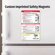 Custom imprinted safety magnet on a refrigerator door