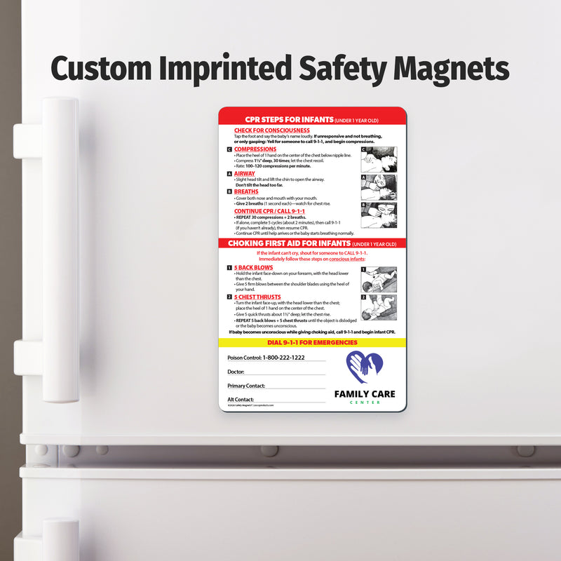 Custom imprinted safety magnet on a refrigerator door