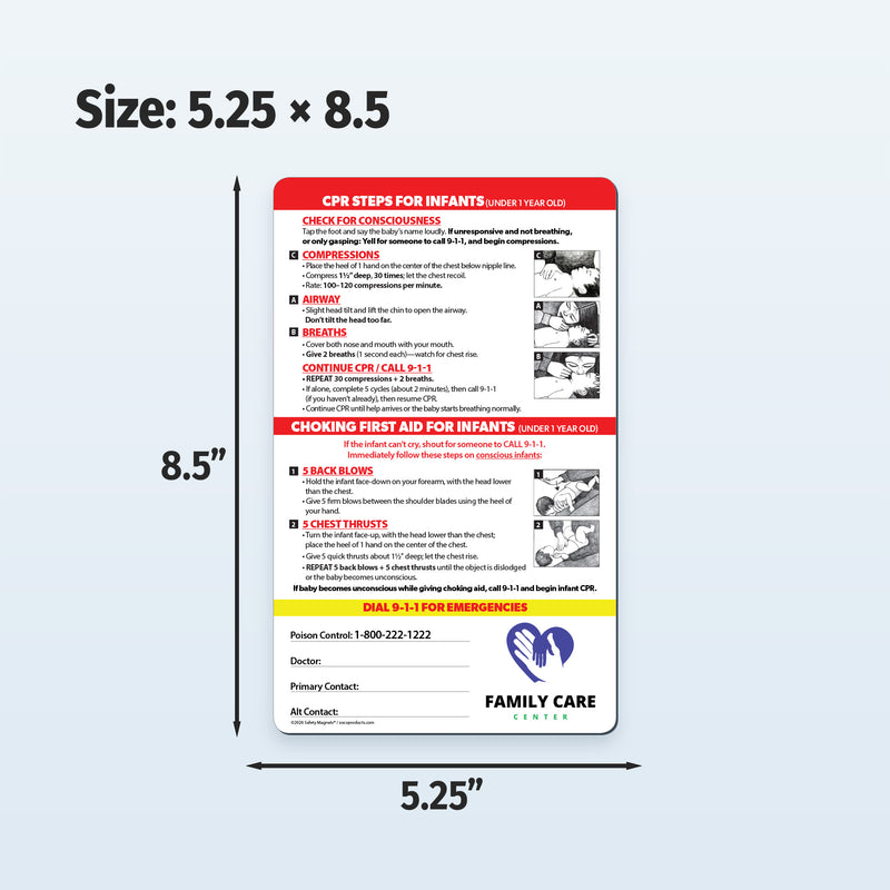 Card with CPR and first aid instructions for infants, size 5.25 x 8.5 inches, on a light gray background.