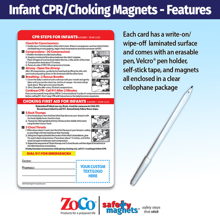 ZoCo - Infant CPR/Choking - Laminated Card w/ Magnet & Marker - Custom Safety Magnets