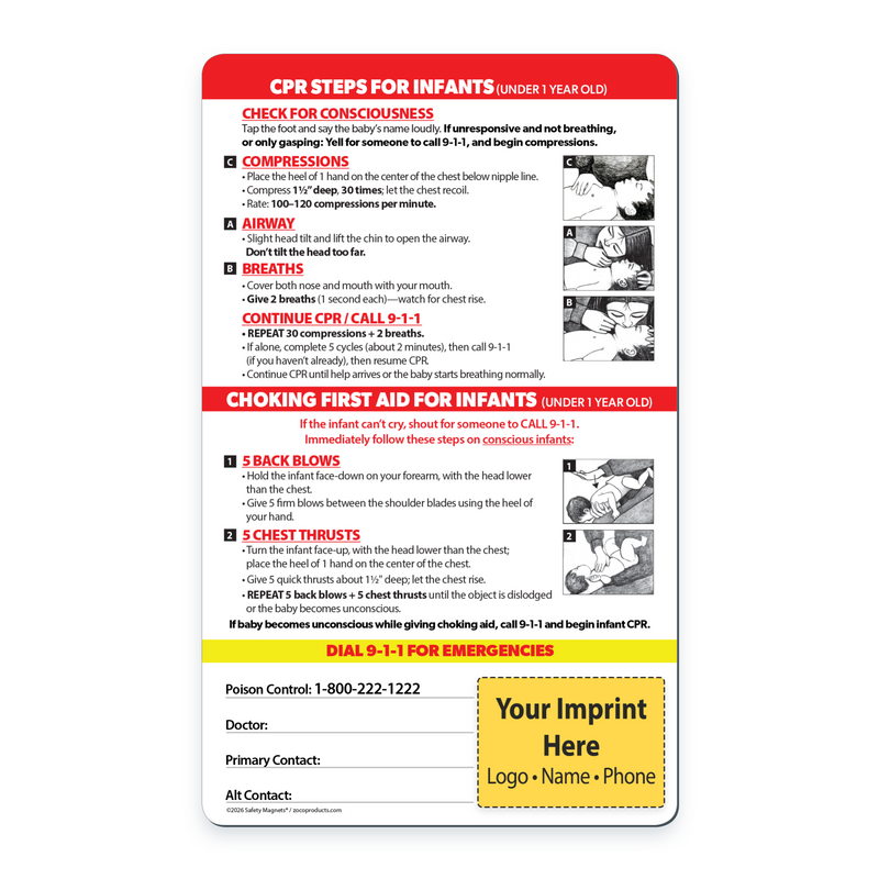 Infant CPR/Choking - Mini Quick Reference Cards w/ Magnet & Marker - 5.25" x 8.5" - (Min Qty 100)