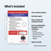 Fire safety card with pen and features listed on a light blue background
