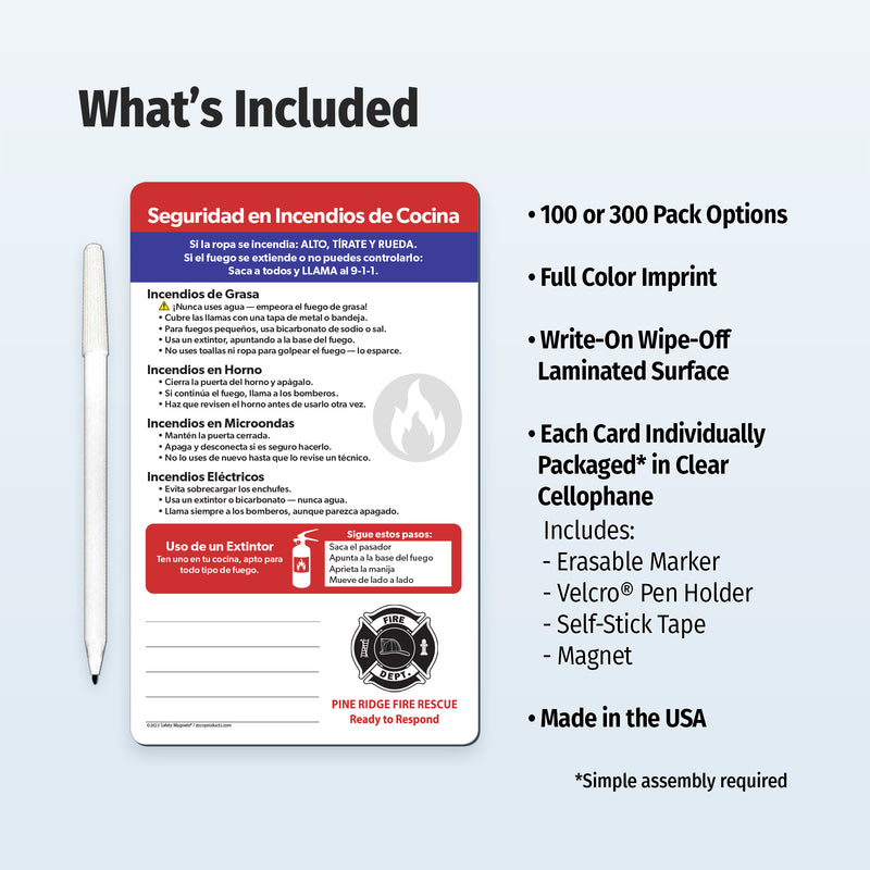 Fire safety card with pen and features listed on a light blue background