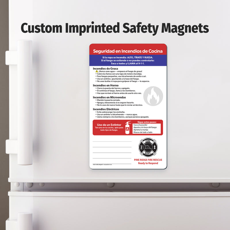 Custom imprinted safety magnet on a refrigerator door with text and icons.