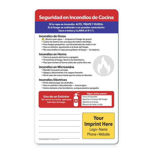 Safety Magnet for kitchen fire safety in Spanish with text and icons on a white background