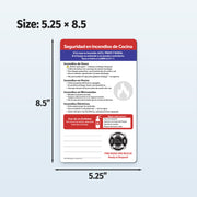 Fire safety laminated card with dimensions 5.25 x 8.5 inches on a white background