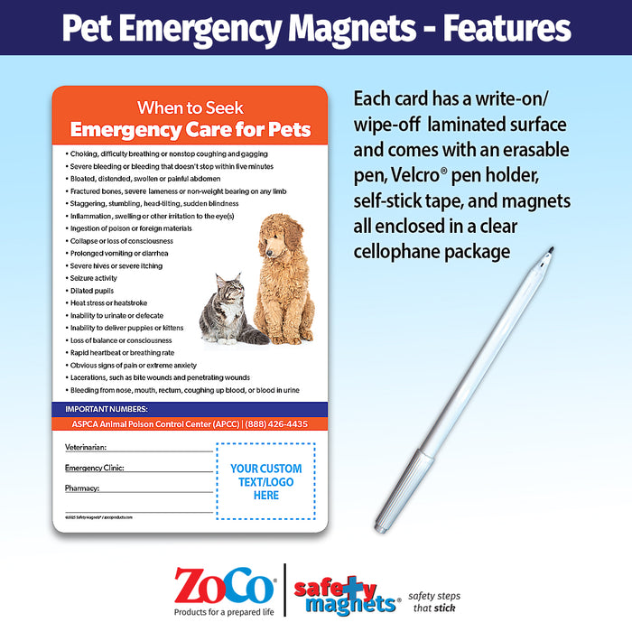 ZoCo - Pet Emergencies Laminated Card w/ Magnet & Marker - Custom Safety Magnets