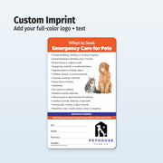 Pet safety card with emergency care information and customizable branding options on a light gray background.