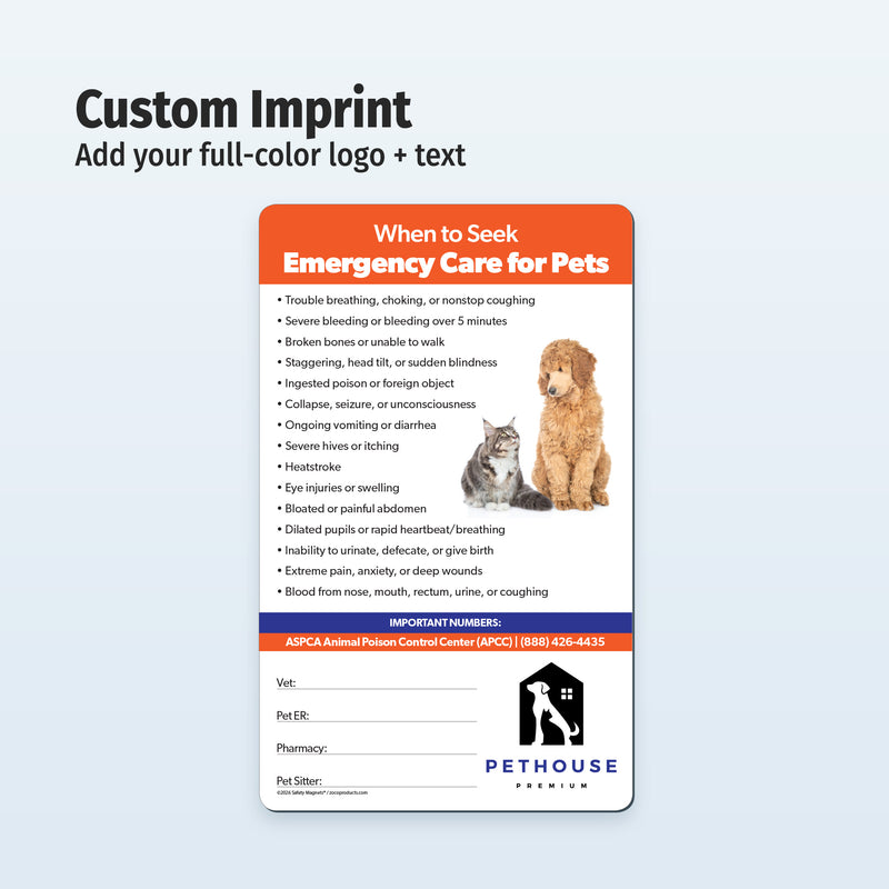 Pet safety card with emergency care information and customizable branding options on a light gray background.