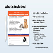 Pet first aid card with dog illustration and product details on a light gray background
