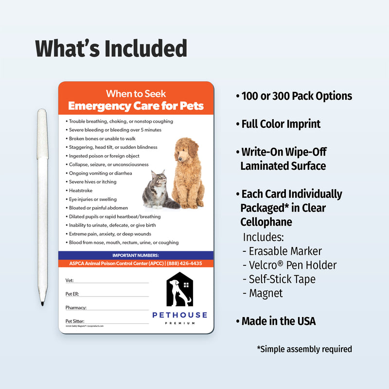 Pet first aid card with dog illustration and product details on a light gray background