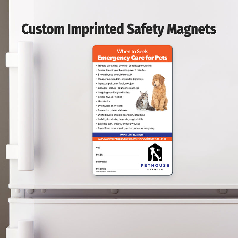 Custom imprinted safety magnet on a refrigerator door with emergency pet care information.