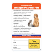 Informational card about when to seek emergency care for pets with images of a dog and cat, and customizable fields.