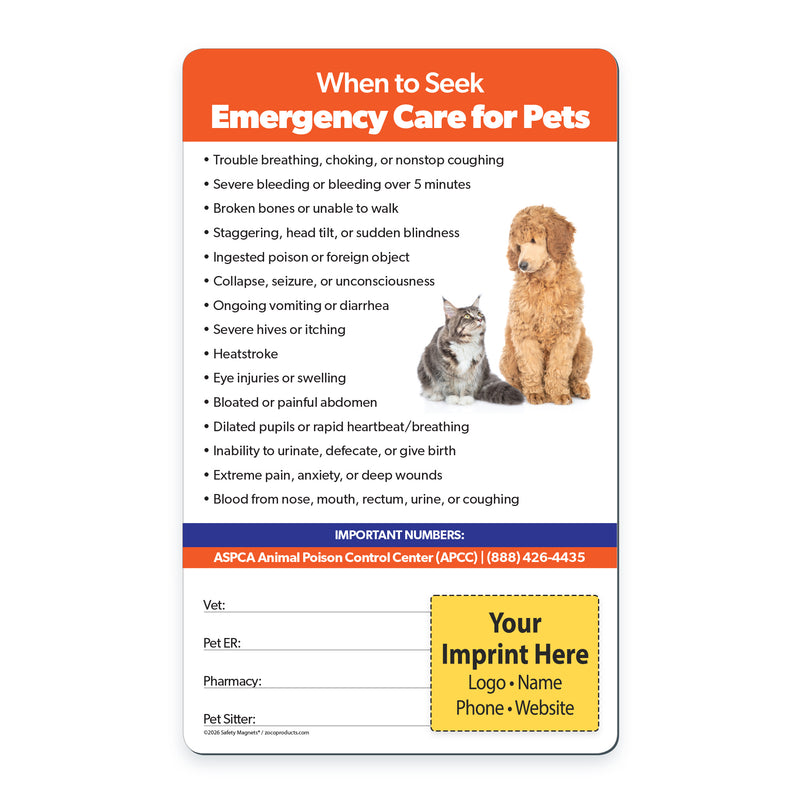 Informational card about when to seek emergency care for pets with images of a dog and cat, and customizable fields.