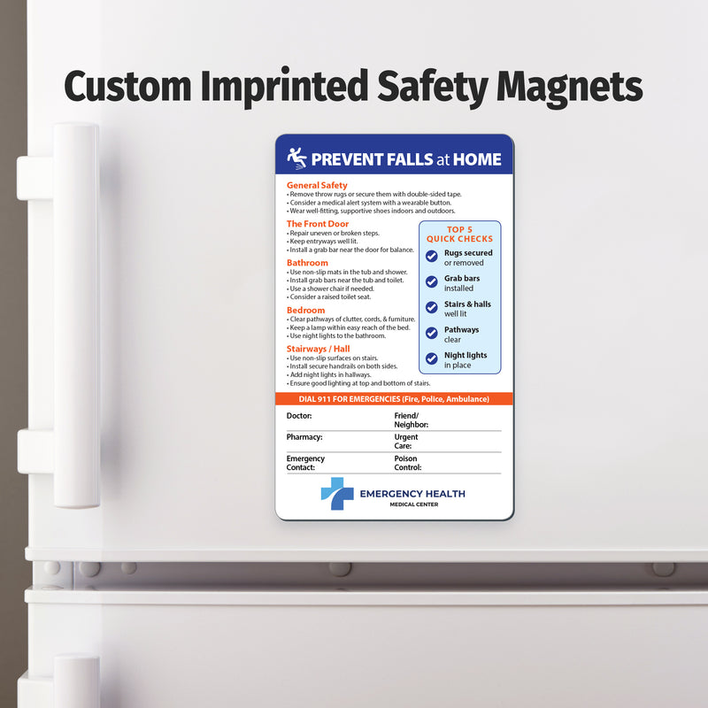 Custom imprinted safety magnet on a refrigerator door with 'Prevent Falls at Home' text.