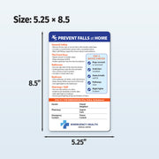 Safety checklist card for preventing falls at home with dimensions 5.25 x 8.5 on a white background.