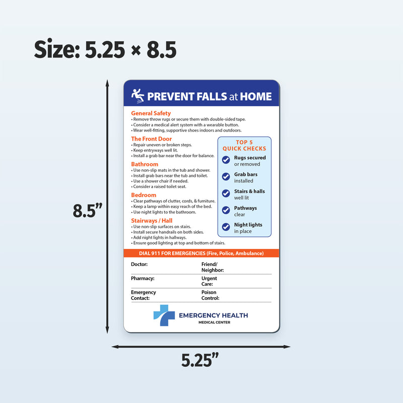 Safety checklist card for preventing falls at home with dimensions 5.25 x 8.5 on a white background.