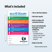 Custom safety magnet with instructions for treating acute injuries, pen, and packaging details on a light blue background.