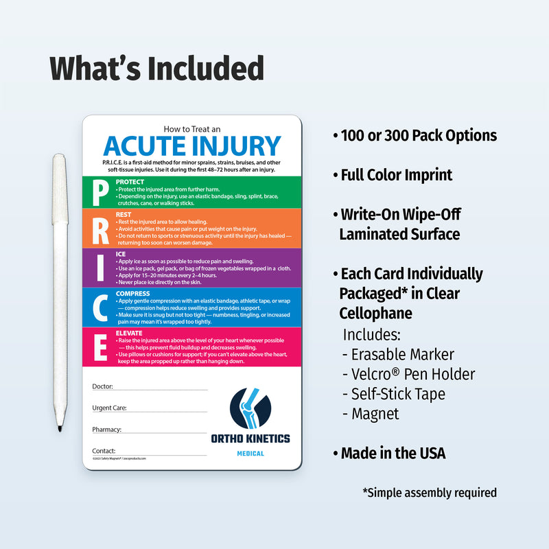 Custom safety magnet with instructions for treating acute injuries, pen, and packaging details on a light blue background.