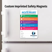 Custom imprinted safety magnet on a refrigerator door with visible branding.