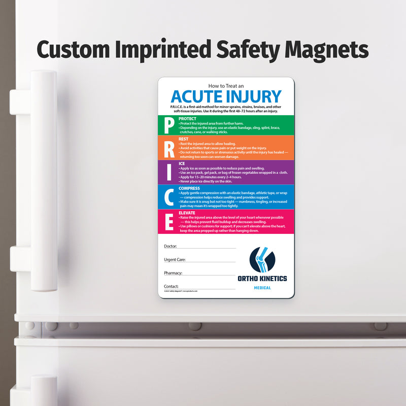 Custom imprinted safety magnet on a refrigerator door with visible branding.