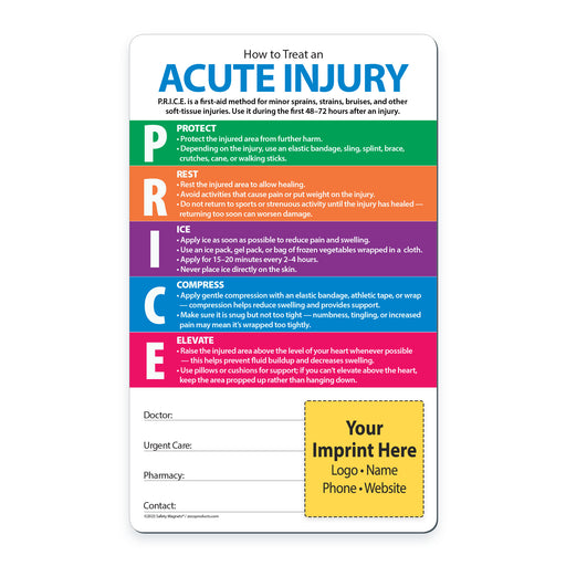 Colorful chart detailing how to treat an acute injury with customizable branding area.