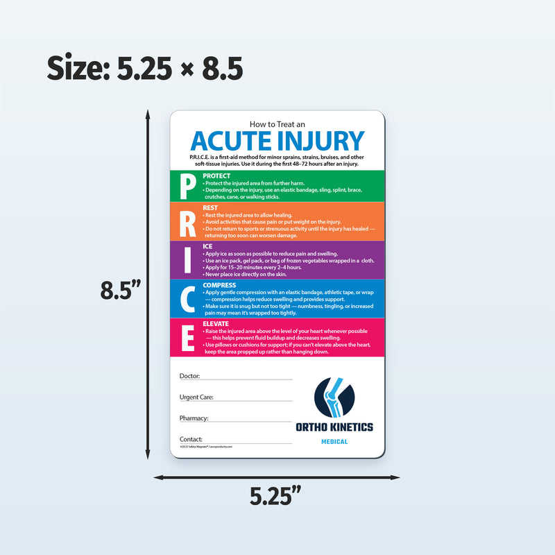 Custom fridge magnet with 'How to Treat an Acute Injury' guide displayed with dimensions 