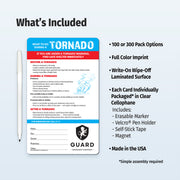 Tornado safety card with pen and features listed on a white background