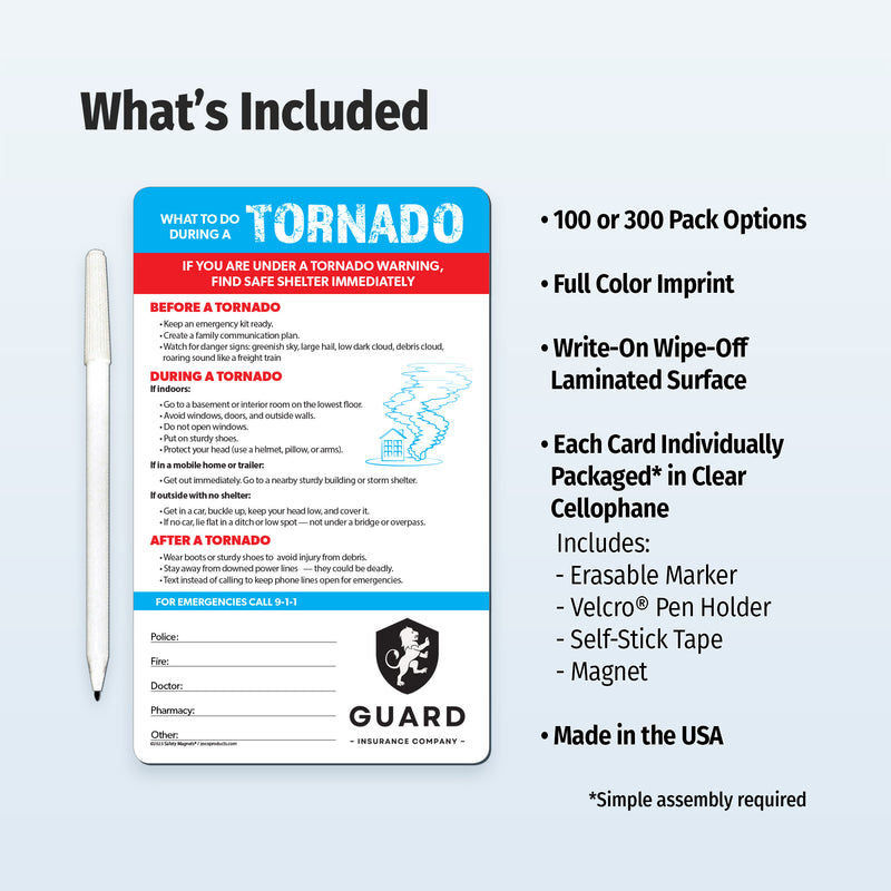 Tornado safety card with pen and features listed on a white background