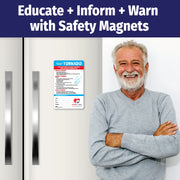 Tornado safety instruction magnet with sections for before, during, and after a tornado. Includes tips for preparing emergency kits, seeking shelter, avoiding windows, and staying safe after storms. Features emergency contact fields and customizable logo/text area