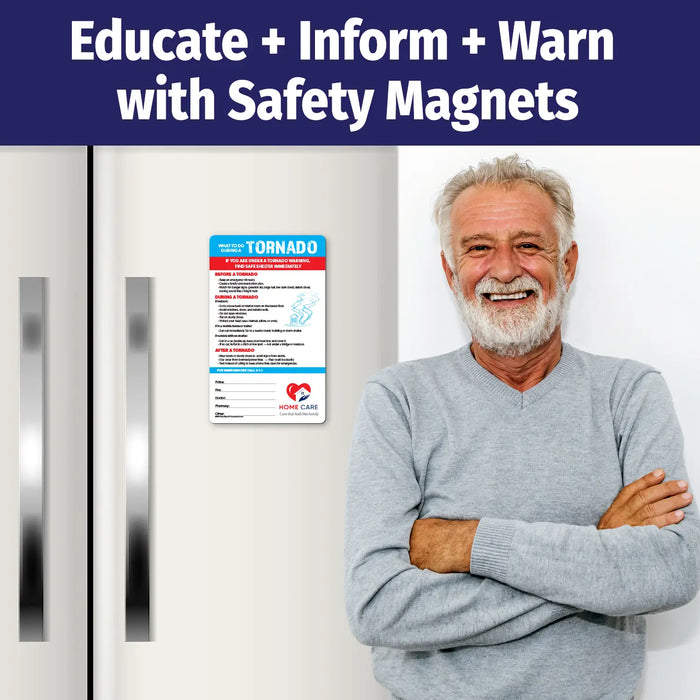 Tornado safety instruction magnet with sections for before, during, and after a tornado. Includes tips for preparing emergency kits, seeking shelter, avoiding windows, and staying safe after storms. Features emergency contact fields and customizable logo/text area