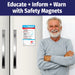 Tornado safety instruction magnet with sections for before, during, and after a tornado. Includes tips for preparing emergency kits, seeking shelter, avoiding windows, and staying safe after storms. Features emergency contact fields and customizable logo/text area