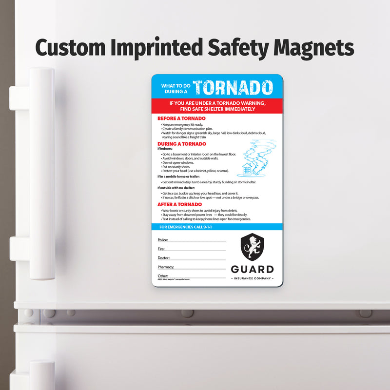 Custom imprinted safety magnet on a refrigerator door with tornado information.
