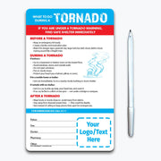 Tornado safety instruction magnet with sections for before, during, and after a tornado. Includes tips for preparing emergency kits, seeking shelter, avoiding windows, and staying safe after storms. Features emergency contact fields and customizable logo/text area