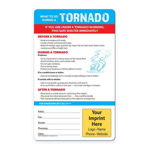 Tornado safety information card with emergency contact details on a white background