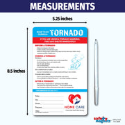 Tornado safety instruction magnet with sections for before, during, and after a tornado. Includes tips for preparing emergency kits, seeking shelter, avoiding windows, and staying safe after storms. Features emergency contact fields and customizable logo/text area