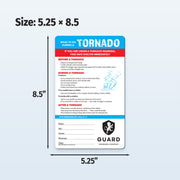 Tornado safety information card with dimensions on a light blue background