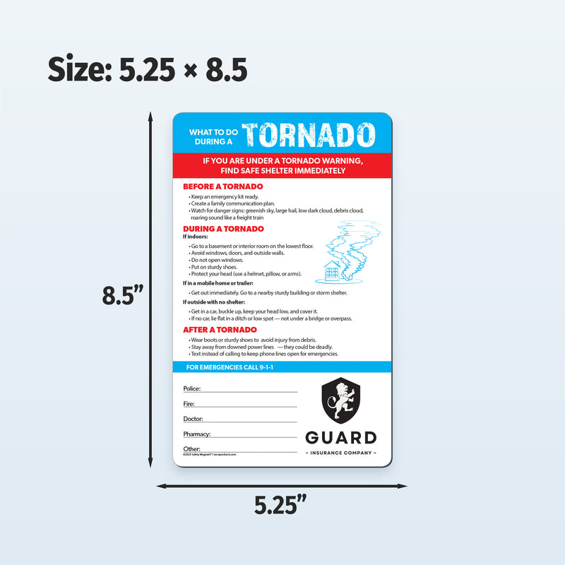 Tornado safety information card with dimensions on a light blue background