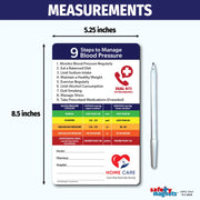 Blood pressure management magnet with 9 steps to maintain healthy levels, including monitoring regularly, eating a balanced diet, limiting sodium, exercising, reducing alcohol, quitting smoking, managing stress, and taking medications if prescribed. Features a color-coded blood pressure chart from normal to hypertensive crisis, with emergency contact fields and customizable logo/text area at the bottom.