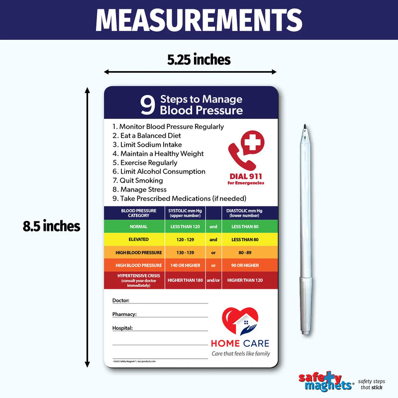 Blood pressure management magnet with 9 steps to maintain healthy levels, including monitoring regularly, eating a balanced diet, limiting sodium, exercising, reducing alcohol, quitting smoking, managing stress, and taking medications if prescribed. Features a color-coded blood pressure chart from normal to hypertensive crisis, with emergency contact fields and customizable logo/text area at the bottom.