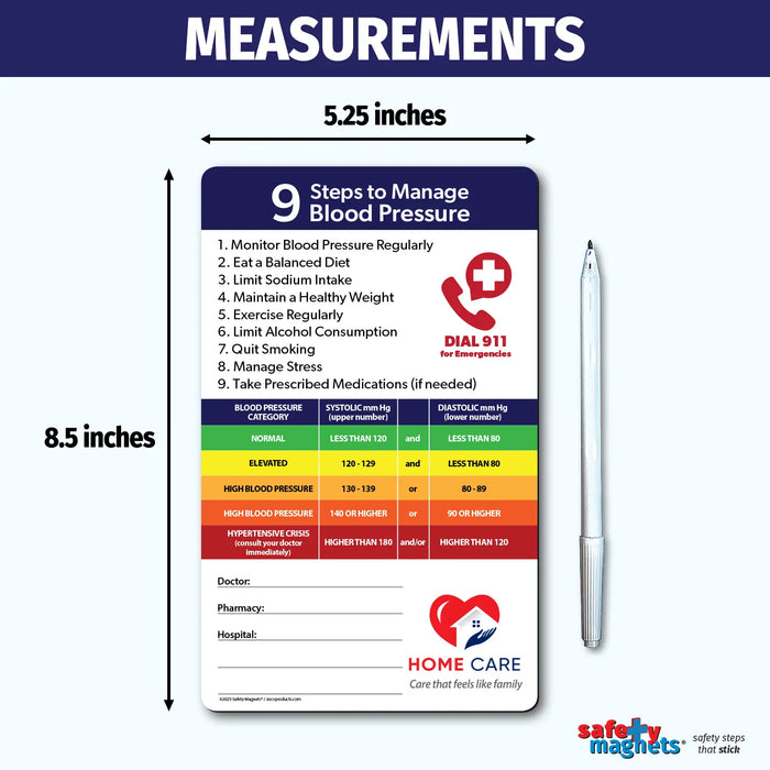 Blood pressure management magnet with 9 steps to maintain healthy levels, including monitoring regularly, eating a balanced diet, limiting sodium, exercising, reducing alcohol, quitting smoking, managing stress, and taking medications if prescribed. Features a color-coded blood pressure chart from normal to hypertensive crisis, with emergency contact fields and customizable logo/text area at the bottom.