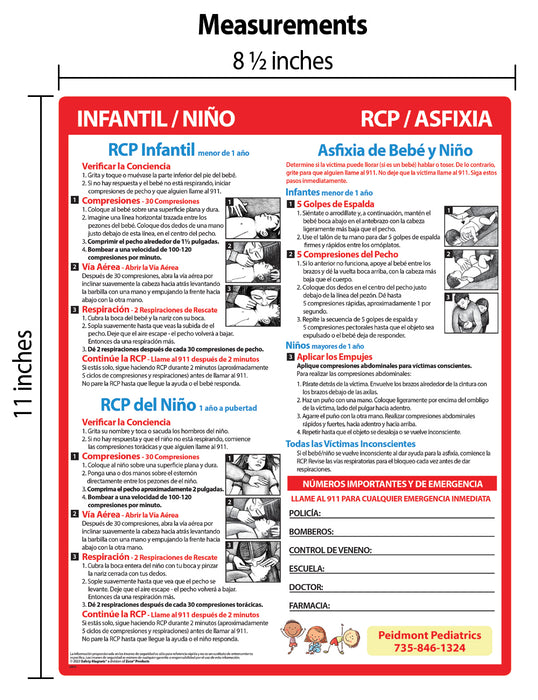 CPR & Choking for Infants & Children (SPANISH VERSION) - Quick Reference Card - by Safety Magnets - Add Your Imprint