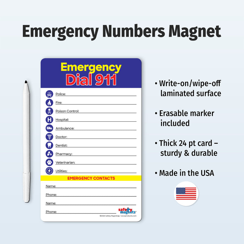 Emergency numbers card with spaces for important phone contacts