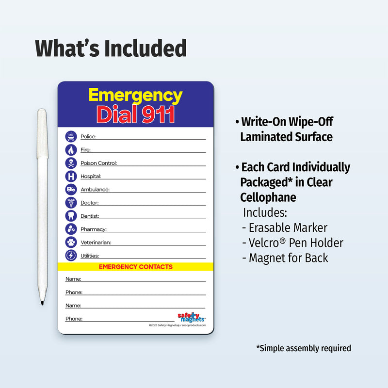  Each card includes an erasable marker, marker holder, and adhesive magnet for display on a refrigerator, filing cabinet, or other magnetic surface.