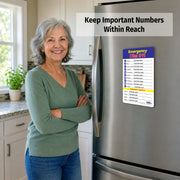 Emergency Numbers card displayed on refrigerator for easy access