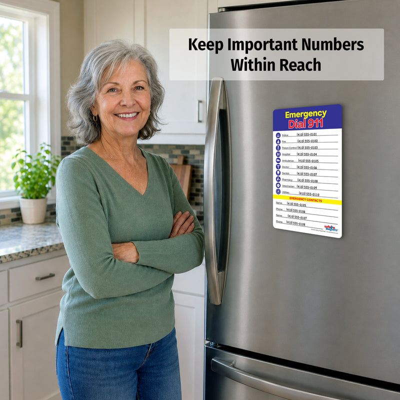 Emergency Numbers card displayed on refrigerator for easy access