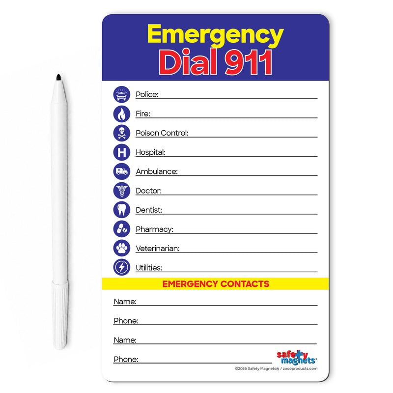 Emergency Numbers Quick Reference Card with marker and magnet - 5.25 x 8.5
