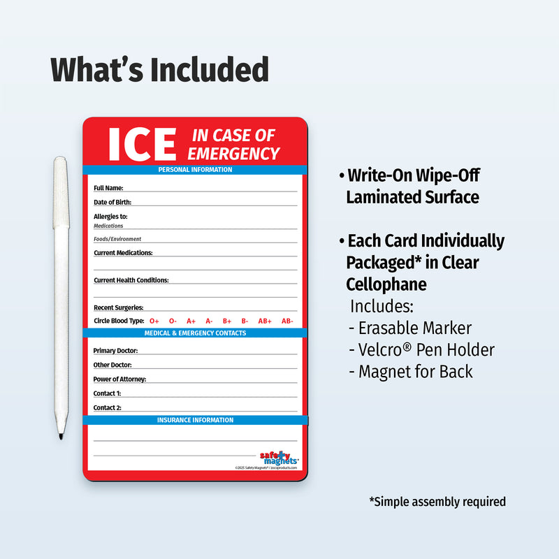  Each card includes an erasable marker, marker holder, and adhesive magnet for display on a refrigerator, filing cabinet, or other magnetic surface.