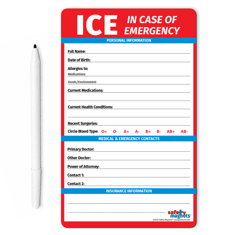 ICE emergency information magnet with marker - 5.25 x 8.5